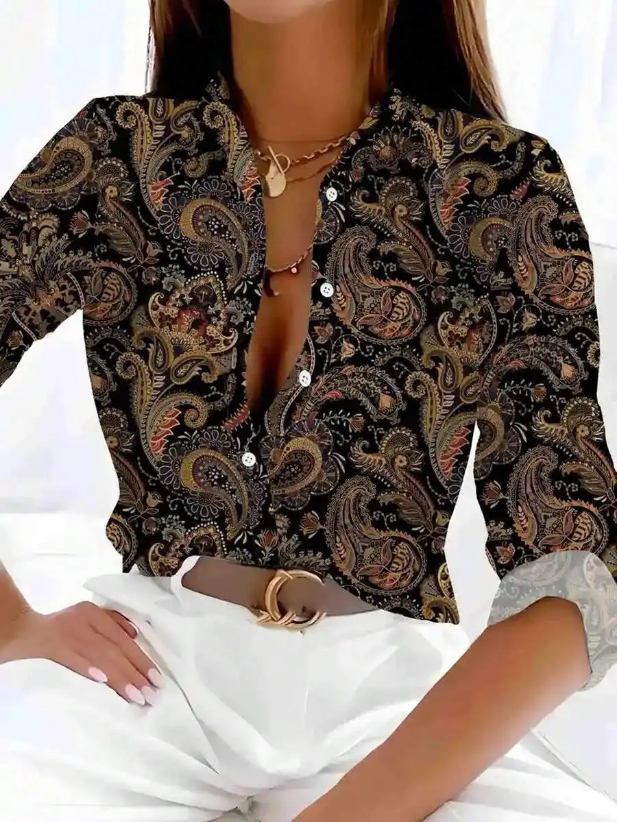 

Women's Long Sleeve Button-Front Blouse with Paisley Print, Loose Fit Casual Shirt