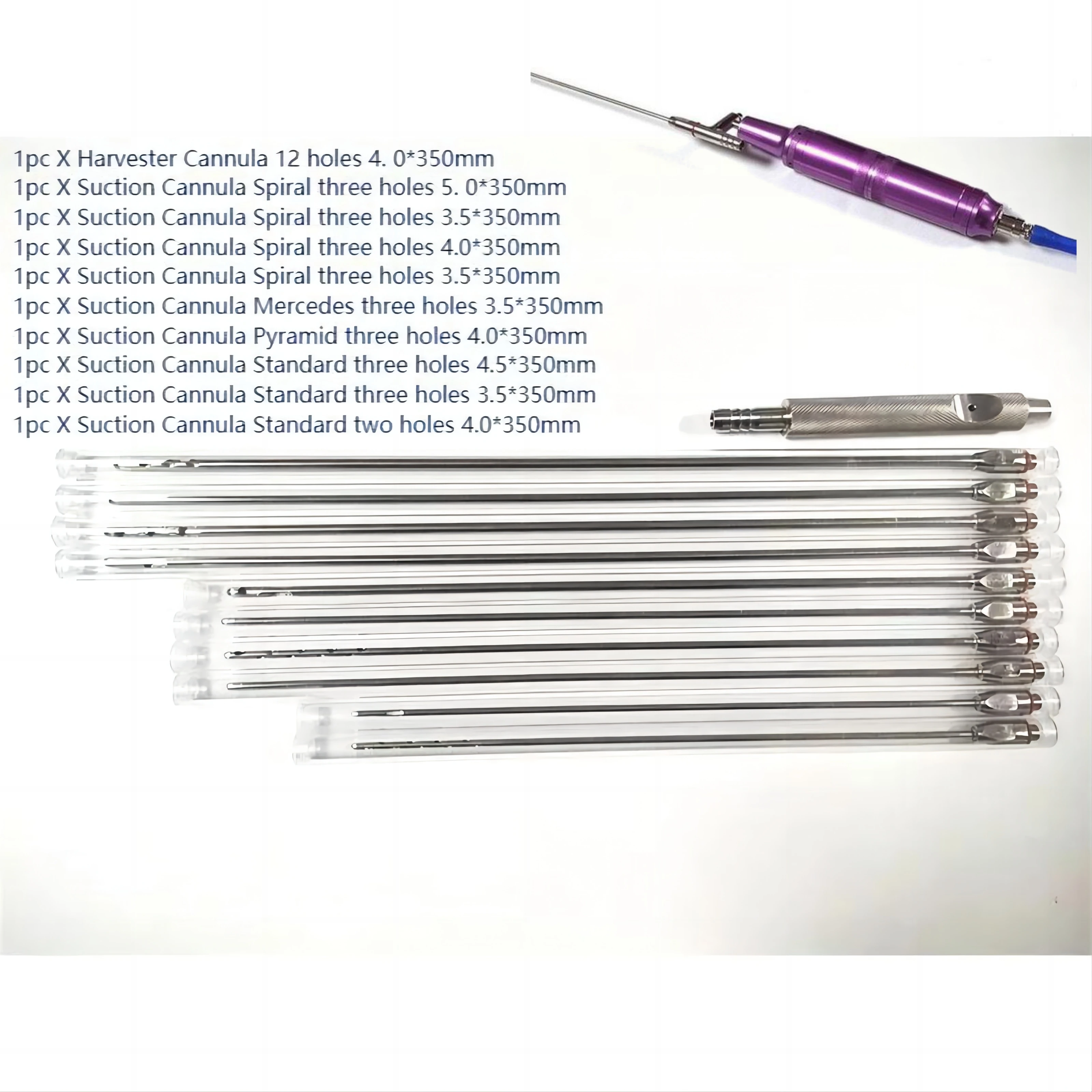 Set of 10 Cannulas with Threaded Hub and Multiple Shaped Tips