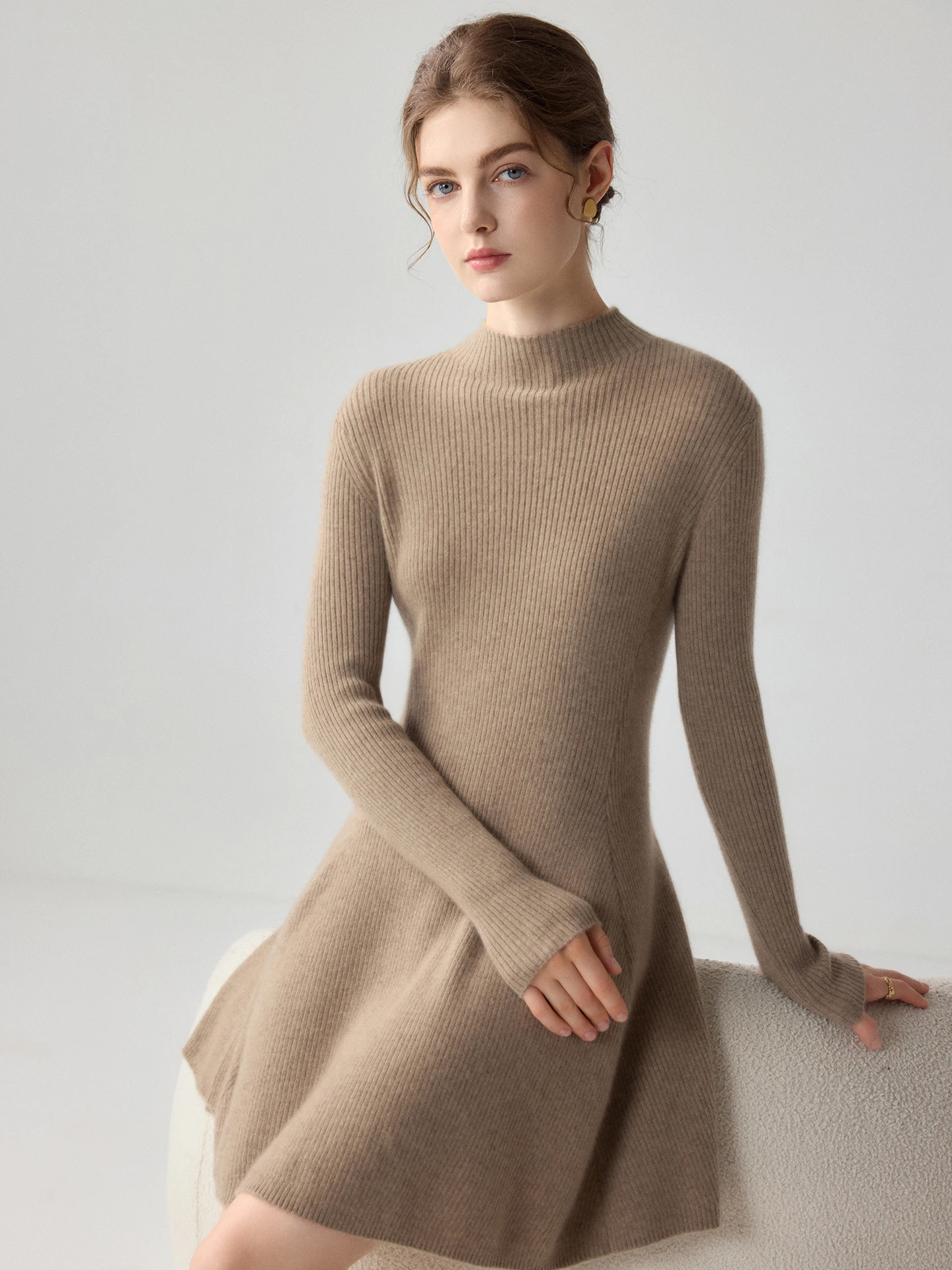 TLOML Women's 100% Cashmere Sweater Dresses Mock Neck A-Line Short Skirt Autumn Winter Cashmere Knitwear Casual Chic Dresses