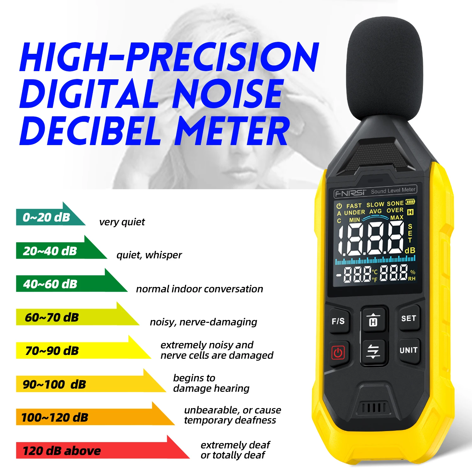 FNIRSI FDM01 medidor de ruido Digital 30 ~ 130dB un peso probador de nivel de sonido termómetro higrómetro batería de litio DB herramientas de medición de Audio