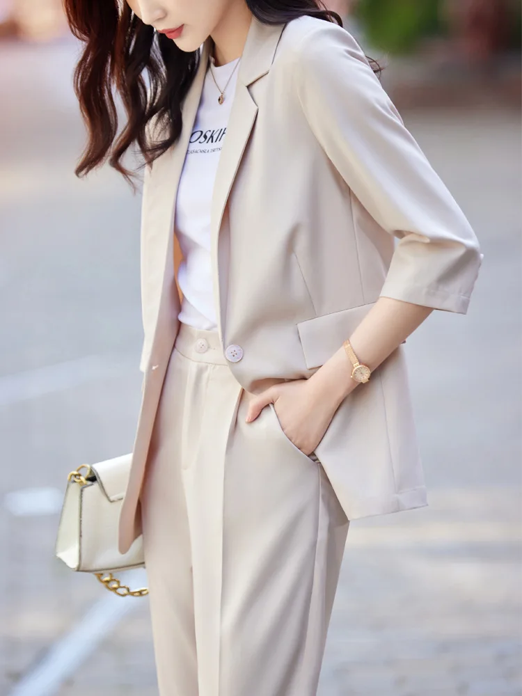 Apricot-colored women's summer thin blazer2024New stylish casual versatile three-quarter sleeve suit for petite individuals