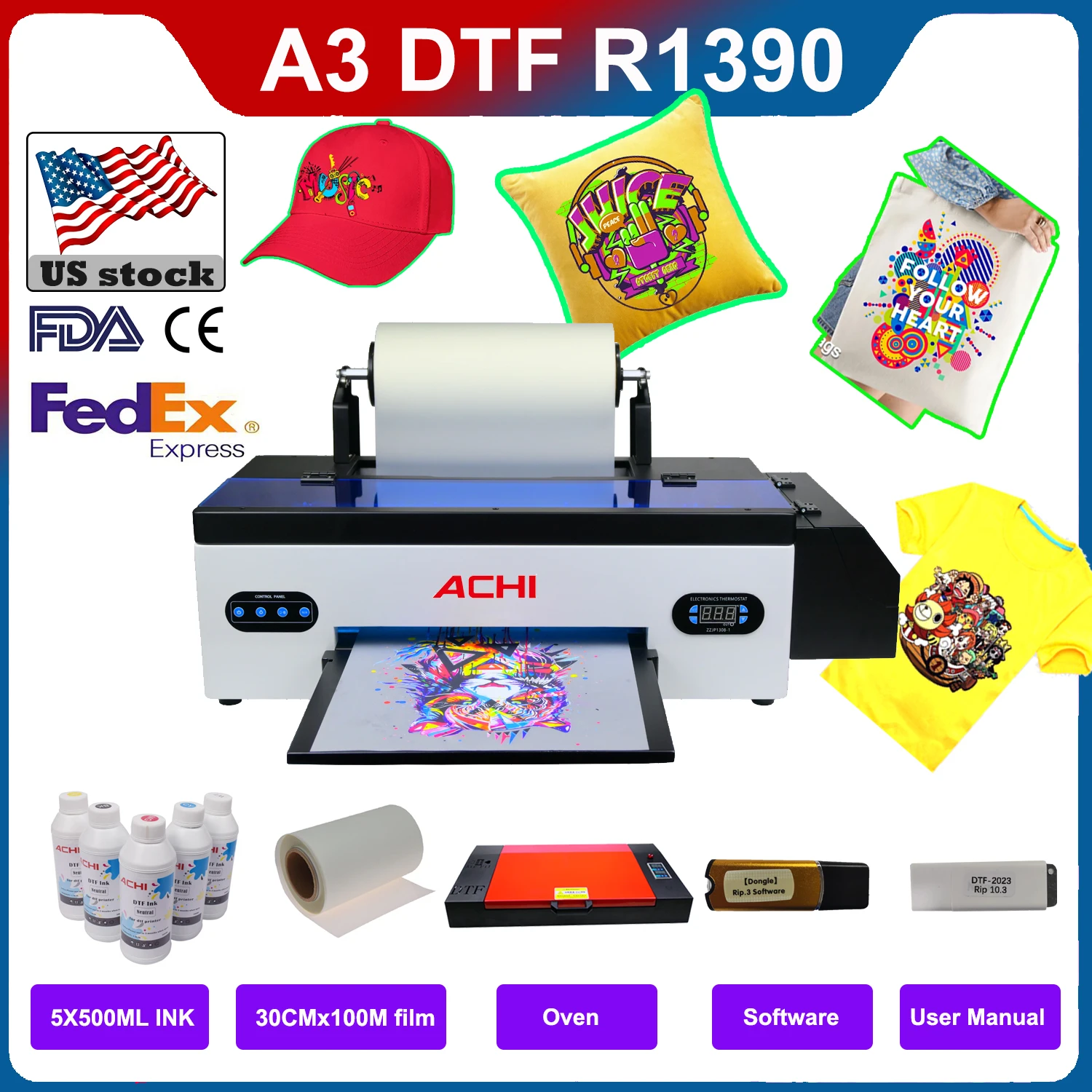 

EU Stock ACHI A3 DTF Printer R1390 with Heat Transfer Film Printer Kit for T-shirt Hoodies Bag Hat Phonecase Acrylic Plat