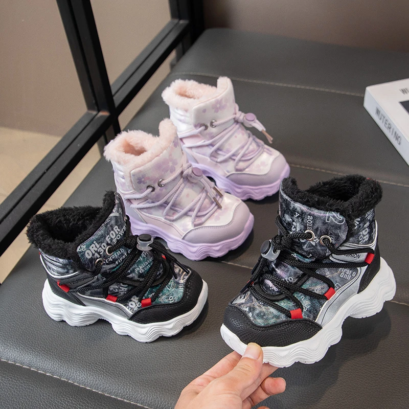 الأطفال الأحذية الدافئة مع الفراء السميك الاطفال الأحذية الرياضية مع سحب حبل 2025 شتاء جديد بنين بنات الثلوج الأحذية لينة وحيد وسيم #4