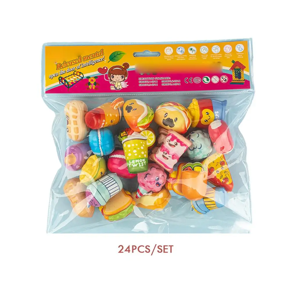 24pcs Protable Stress Relief Toy Creative Various Foods & French Fries Shape High Rebound Toys Mini Squeeze Toy Birthday Gift