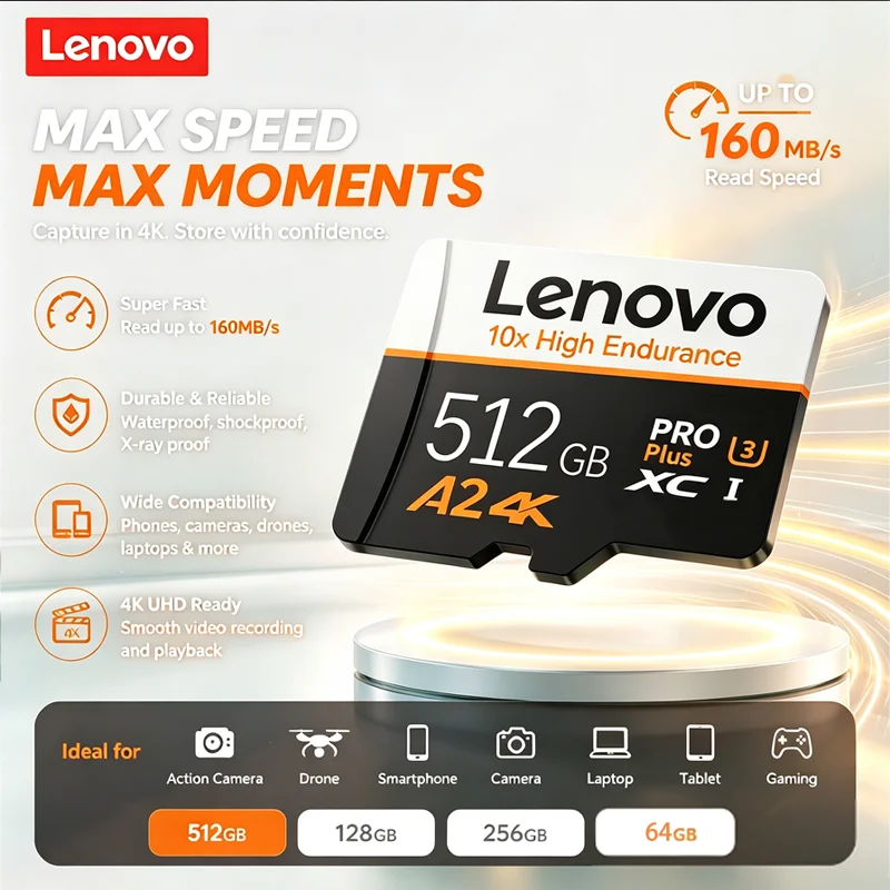 Lenovo SD Card 512GB High-Speed Bundle 64GB Micro TF SD 256GB 128GB for Smartphone Tablet PC Cross-Use Memory Card