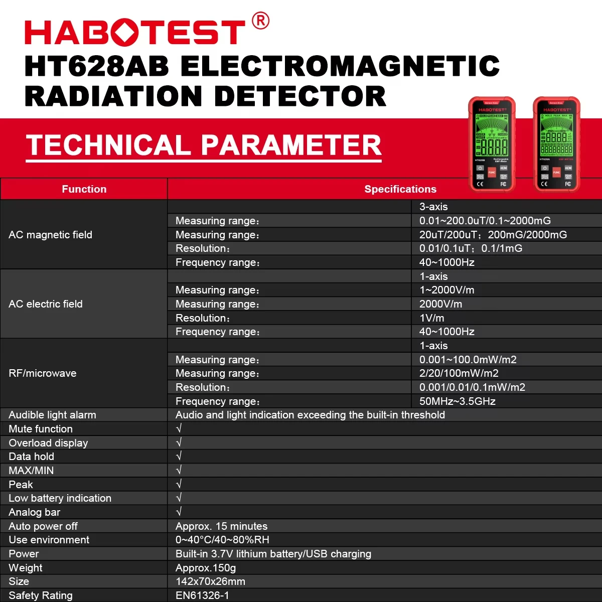 HABOTEST HT628 EMF Meter Electromagnetic Radiation Tester Electric Field Magnetic Field RF Radiation Radio Frequency Detector