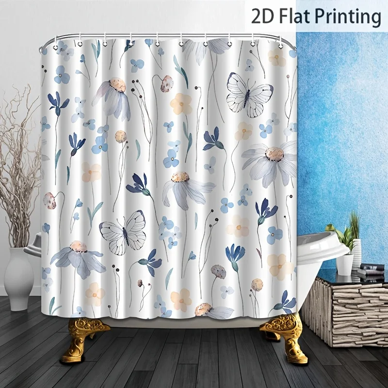 2D Flat, 1pc Shower Curtain with Hooks, Watercolor Floral and Butterfly Print, 2D Flat, Machine Washable, High-End Elegant Bathr