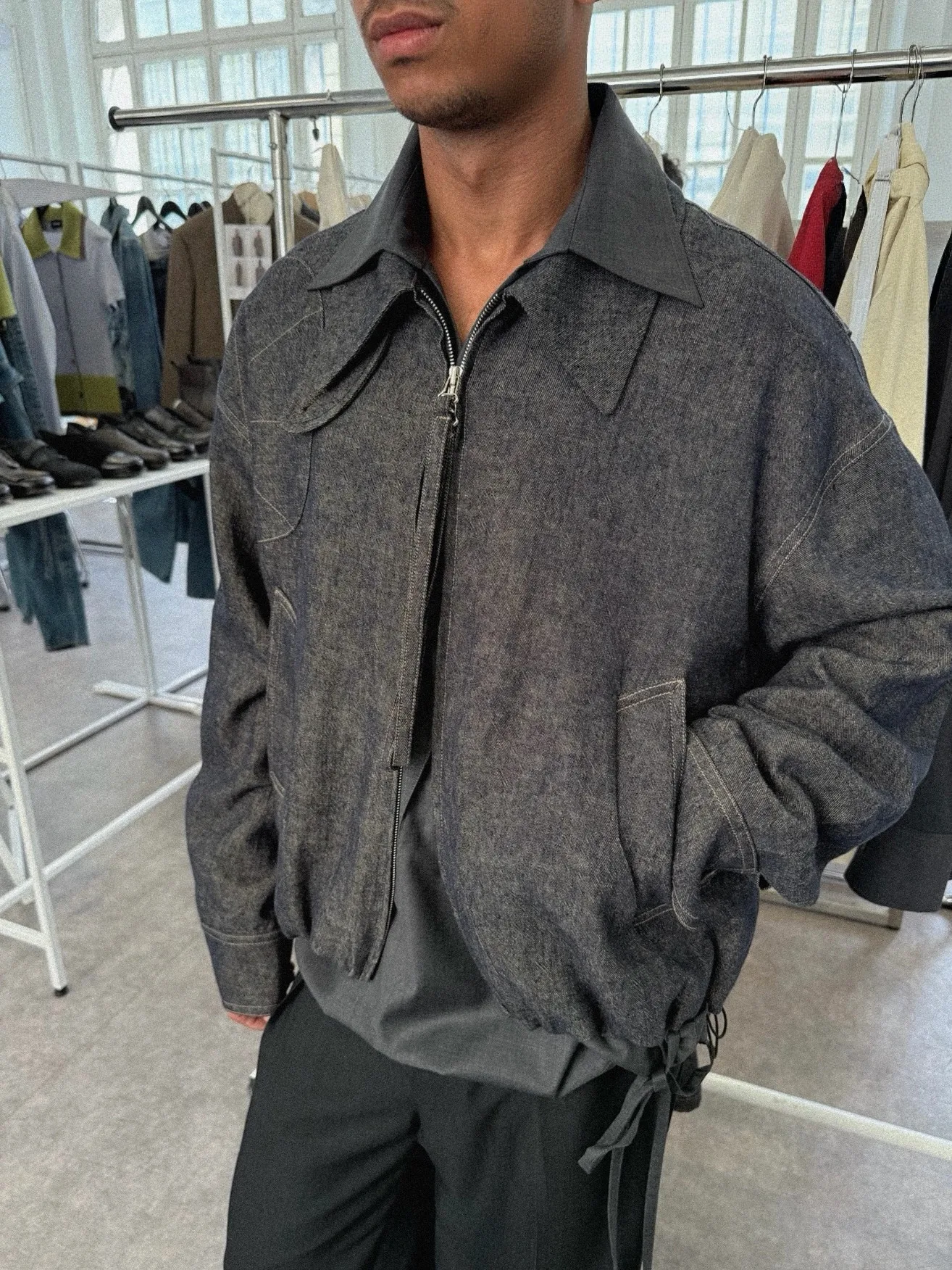 Nullus 26ss Vintage Bright Thread Linen Cotton Wash Deconstructed Loose Zip Denim Jacket