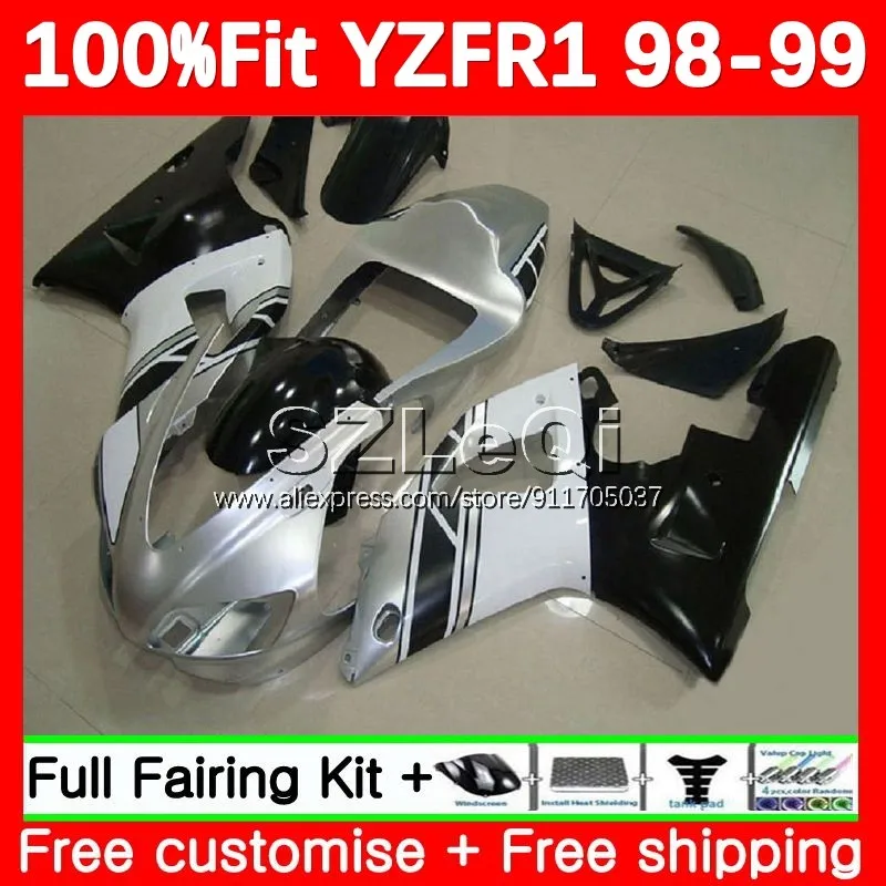 OEM Body For YAMAHA YZF-R1 YZF R 1 Silver white 1000 CC YZFR1 98 99 128No.16 YZF-1000 YZF R1 YZF1000 1998 1999 Injection Fairing