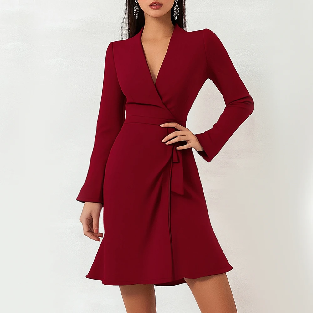 Mia Muse Women's Dresses All Season French  Elegant Frenum Long Sleeve V-Neck Mini Wrap Office Lady Dresses