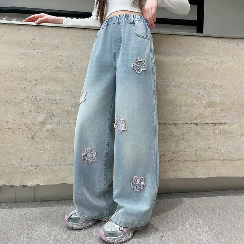 Children Casual Baggy Wide Jeans for Teenage Girls Fashion Street Denim Pants With Flower Embroidery Kids Floral Jeans Trousers