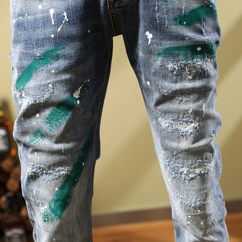 Fashion Streetwear Men Jeans Retro Blue Elastic Stretch Skinny Fit Ripped Jeans Men Green Painted Designer Hip Hop Pants Hombre