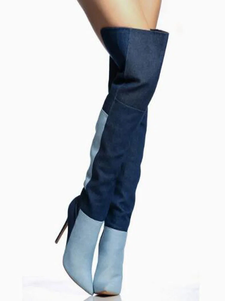 Blue Two‑Tone Denim Over The Knee Boots Women Color Block Spliced Pointed Toe Thin Heels Turn‑Down Cuff Fashion Party Long Boots view 6