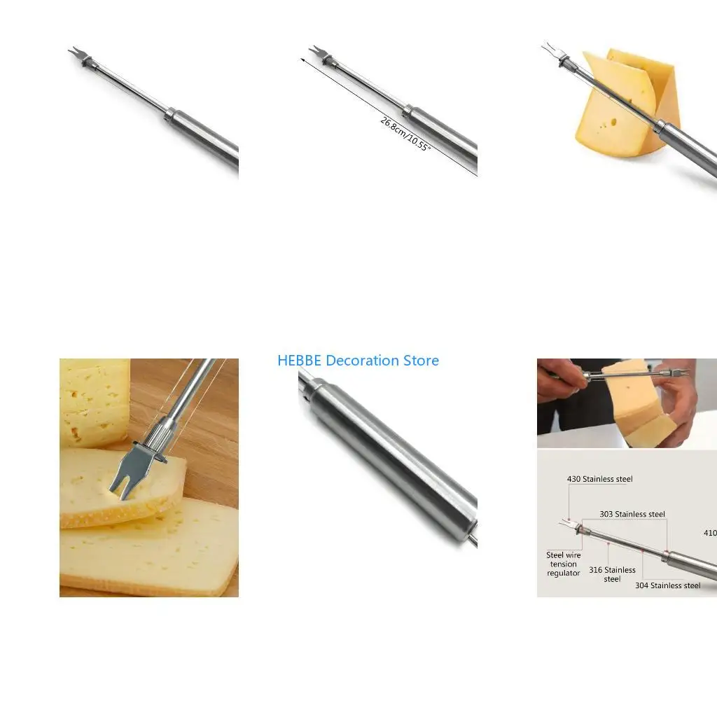 B0KC Handheld Double Wire Cheese Board Slicer Stainless Steel Adjustable Butter Cutter with Fork Picker Dishwasher Safe Kitchen