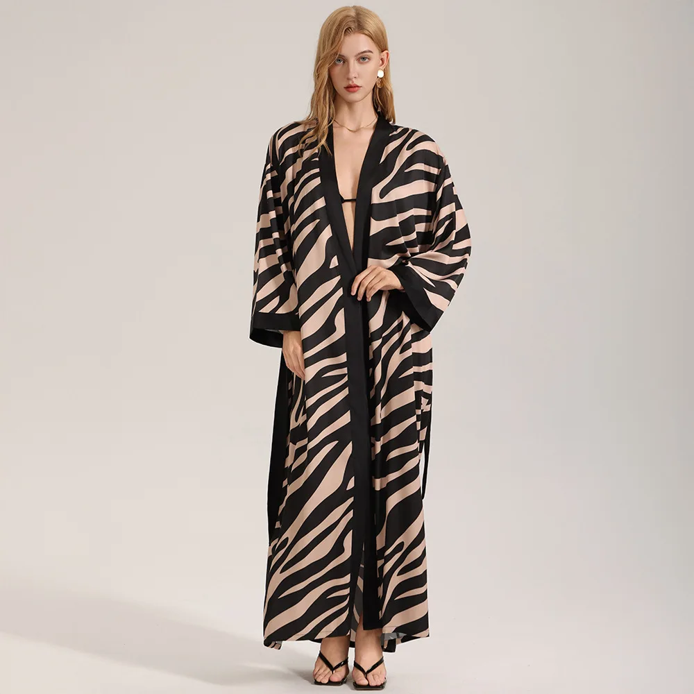 Female Striped Long Robe Sleepwear Spring Summer Kimono Bathrobe Loose Casual Silk Satin Home Dress Lounge Wear