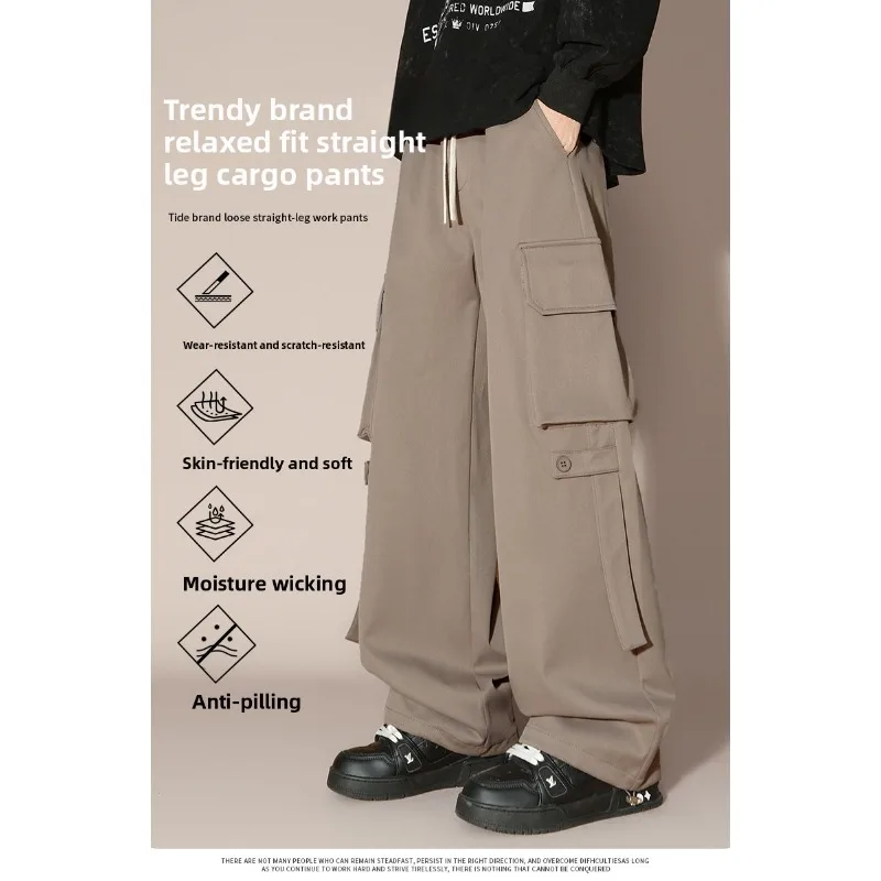 

2025 Spring Autumn New Men's Workwear Pants American Streetwear Multi-Pocket Versatile Casual Loose Straight Fit Long Trousers