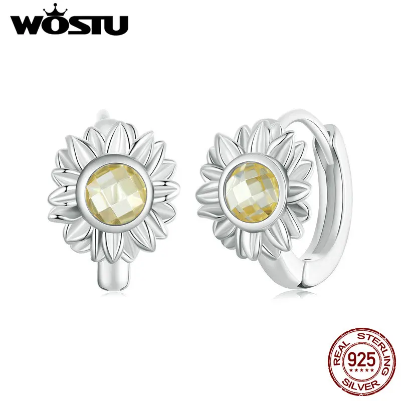 WOSTU 925 Sterling Silver Sunflower Hoop Earrings For Women Yellow Crystal Flower Earring Pendientes Party Jewelry accessories