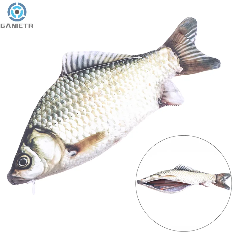 Crucian Carp Pen Bag com forma de peixe realista, bolsa de maquiagem, estojo com zíper, volta às aulas