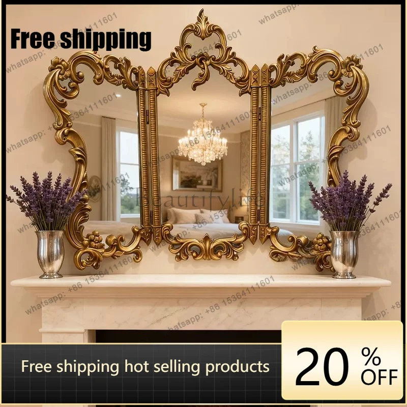 YJ Vintage French Carved Tri Fold Makeup Mirror Irregular 3 Panel Desktop Foldable Vanity Mirror Tabletop Cosmetic Decor Mirror