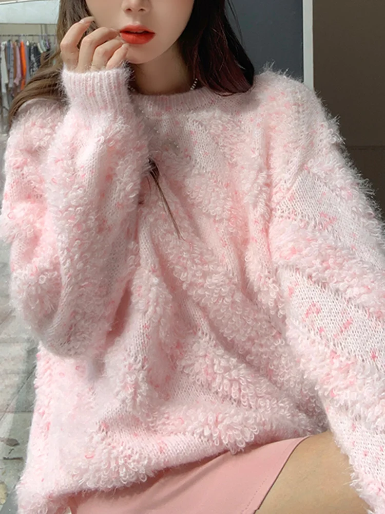 

Sweet Design Long Sleeve Knitted Pullover Women Casual Korean Style Fur Sweater Female 2022 Autumn Clothing Pink Tops Chic