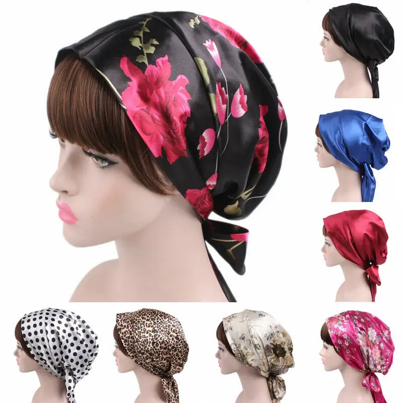 Women Silk Shower Cap Night Sleep Cap Hair Bonnet Hat Head Cover Satin Turban Headscarf