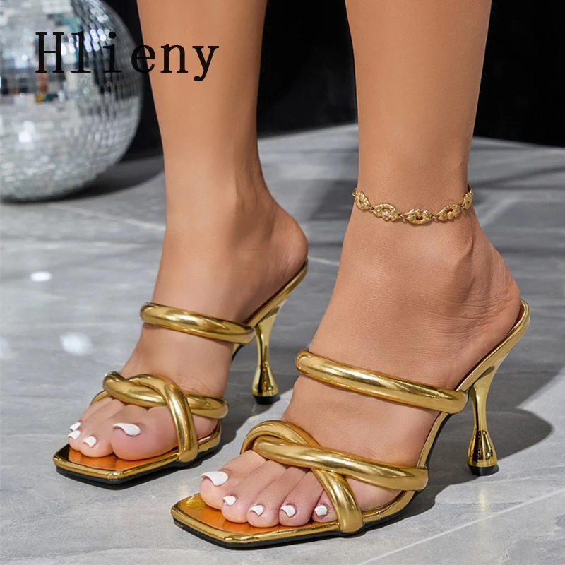 Hlieny New Elegant Gold Women Slippers Fashion Thin High Heels Party Dress Shoes Sexy Cross Strap Sandals Zapatos De Mujer