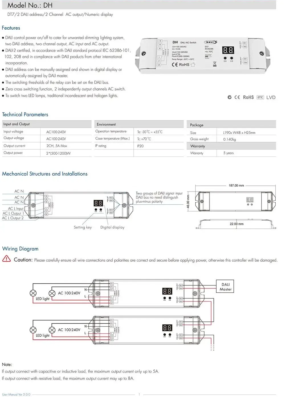 Skydance DH DALI AC Switch Controller 2 DALI Endereço DT7 Lâmpadas de luz halógena incandescentes tradicionais
