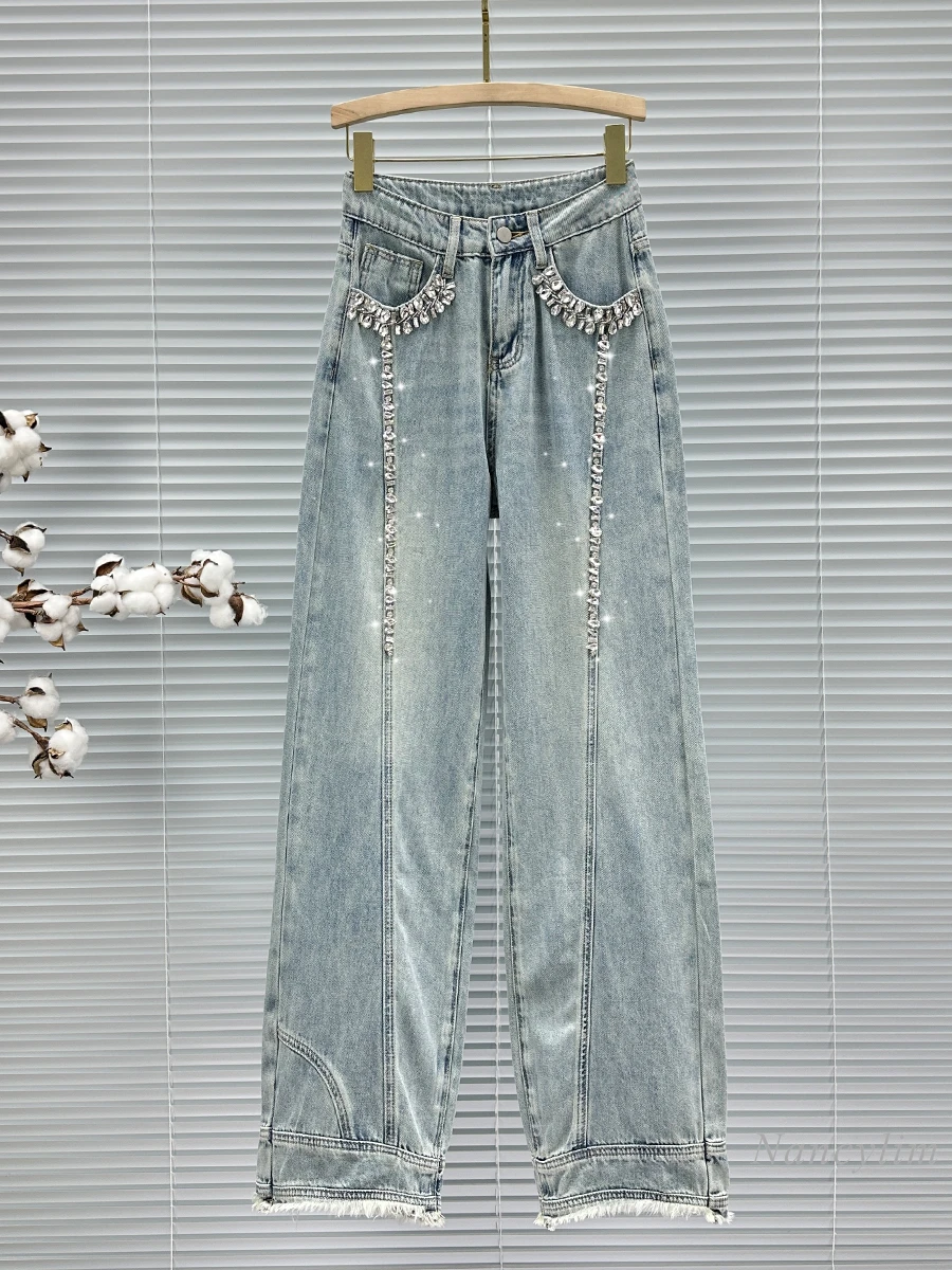 

INS Diamond-Embedded Wide-Leg Jeans for Women 2024 Spring and Autumn New High Waist Loose Street Burr Mop Trousers Denim Pants