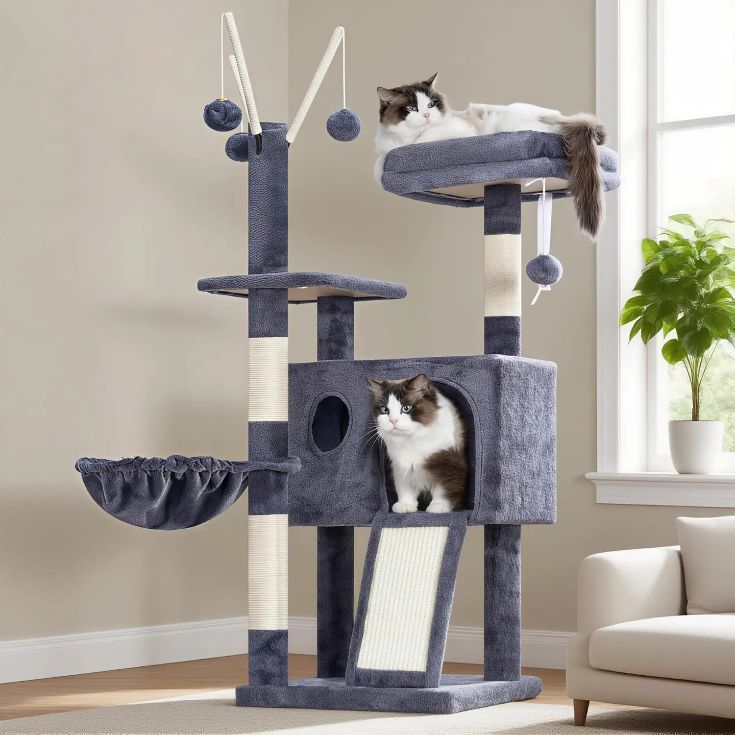 

Cat Tree Tower, Scratching Posts with Removable Toys, Cozy Condo, Platform, Hammock, Sisal Scratch Board and Ball for Indoor