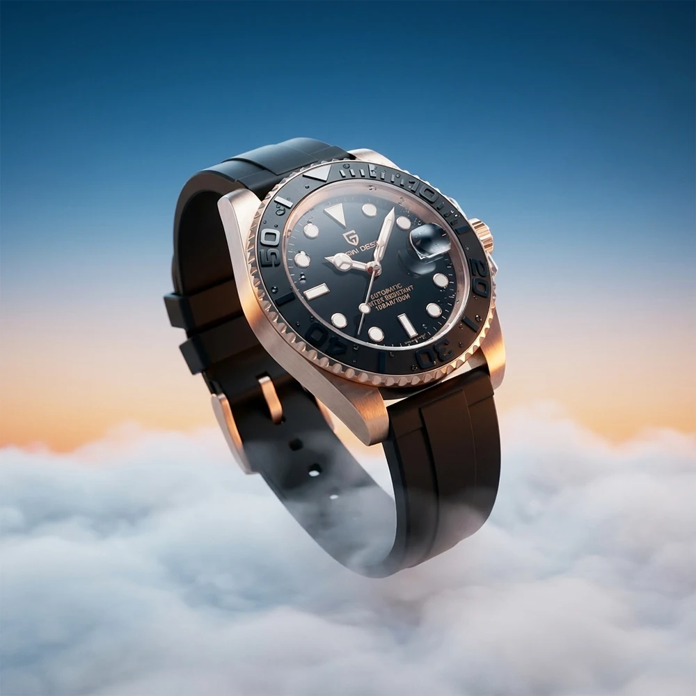 Hot Top PAGANI DESIGN Men Automatic Mechanical Watch Rose Gold Case Black Rubber Strap Dive Watch Sapphire Glass 100M Waterproof Luminous Date Sport Mens Wristwatch Relogio Masculino