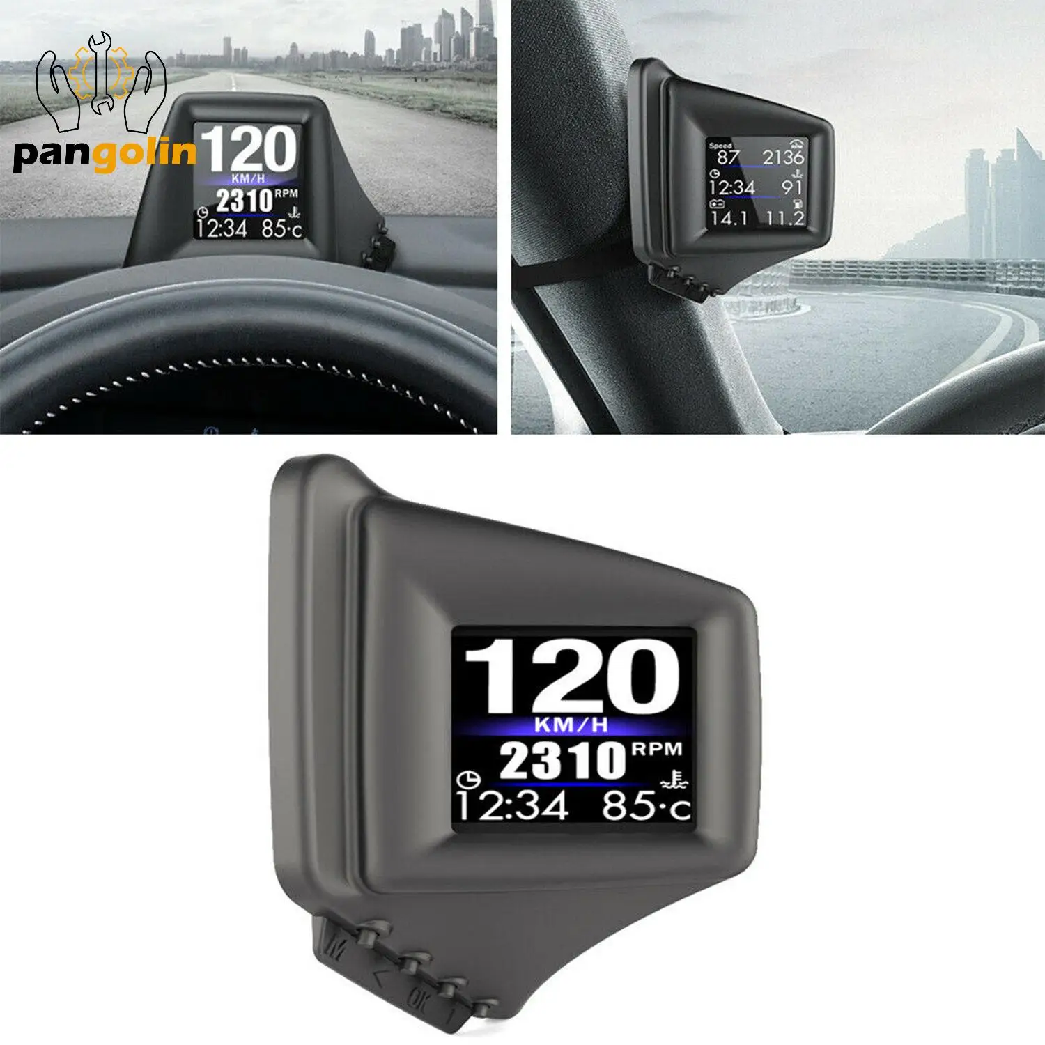 

Car HUD Head Up Display Speed Projector Meter Speed Water Temp Warning 270 Degrees Rotate OBD+GPS / OBD Dual Working System AP-1