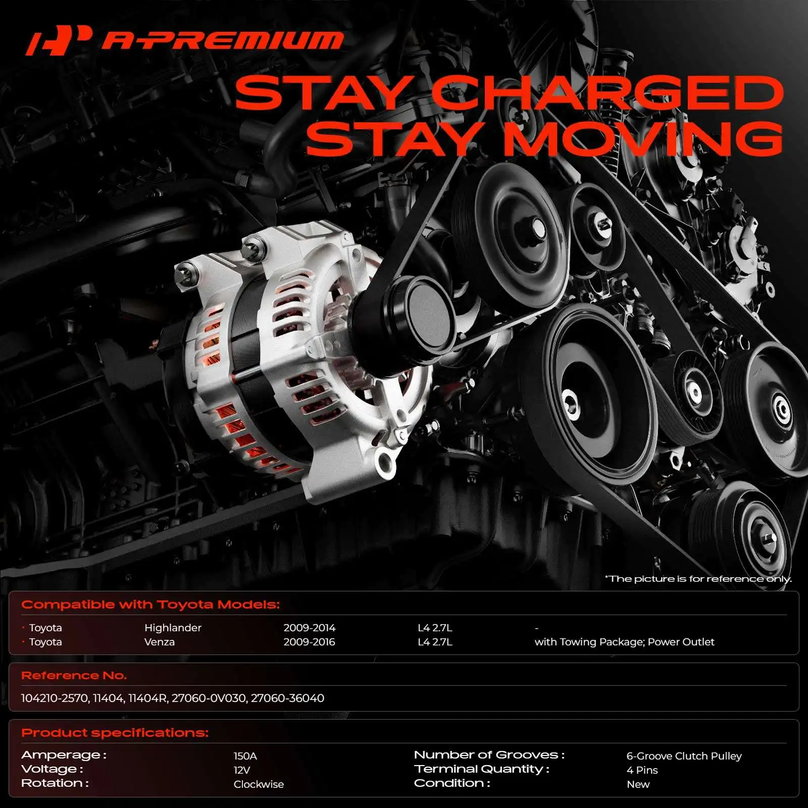 A-Premium Alternator for Toyota Highlander 2009-2014 Venza 2009-2016
