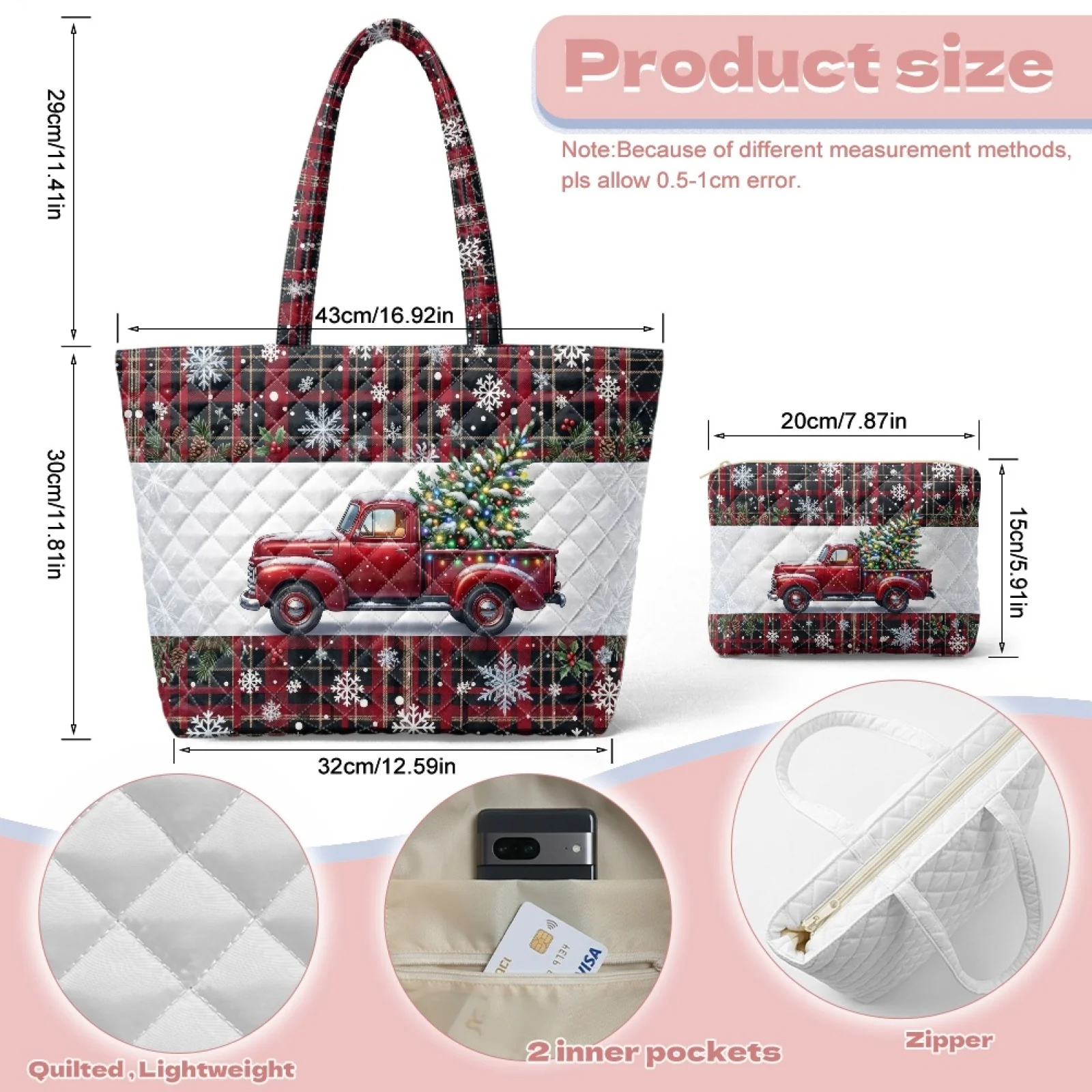 Coloranimal Christmas Red Truck Set 2 Piece Casual Quilted Purses and Handbags for Everyday Holiday Party New Trend