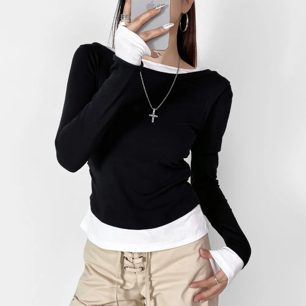 2024 Autumn Causal False 2 pieces T-shirt Slash Collar Full Sleeve Tee Side Ruched Elastic Waist Pullover Crop Top 5 colors