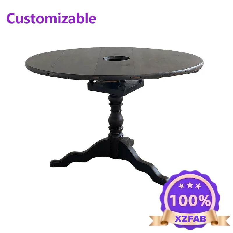 Factory Direct 2026 Old classic restaurant table B & B solid wood furniture rotating countertop medium antique black retro round