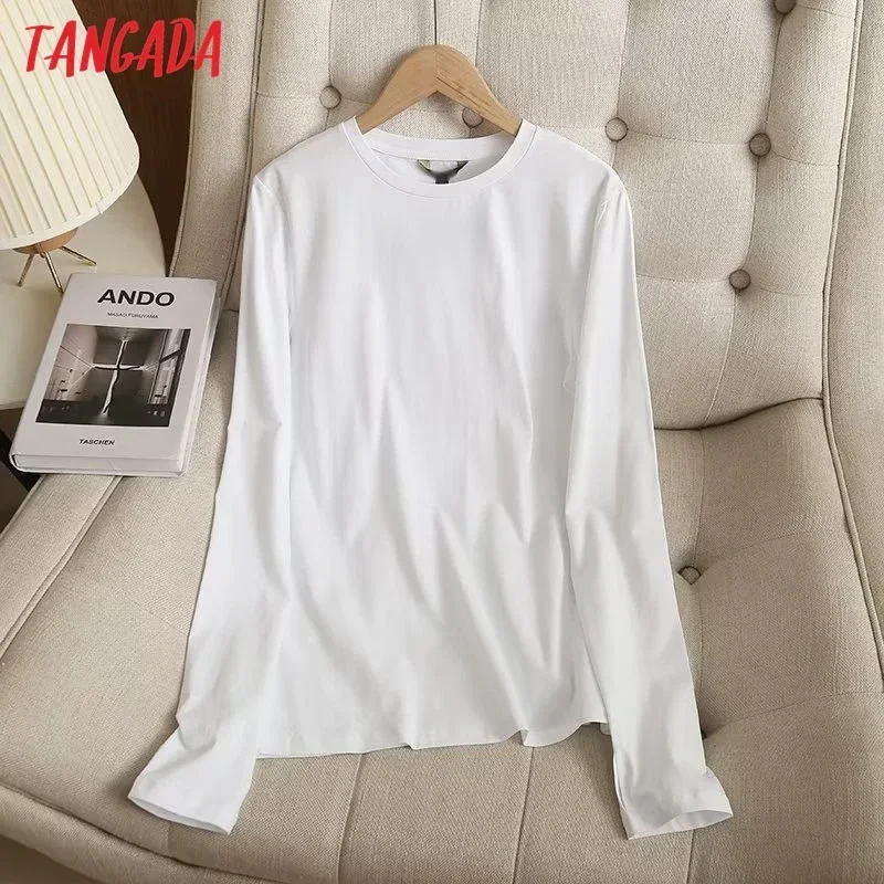 Tangada 2023 Women High Quality Solid Cotton T Shirt O Neck Plus Long Sleeve Fashion Female Top 6D187