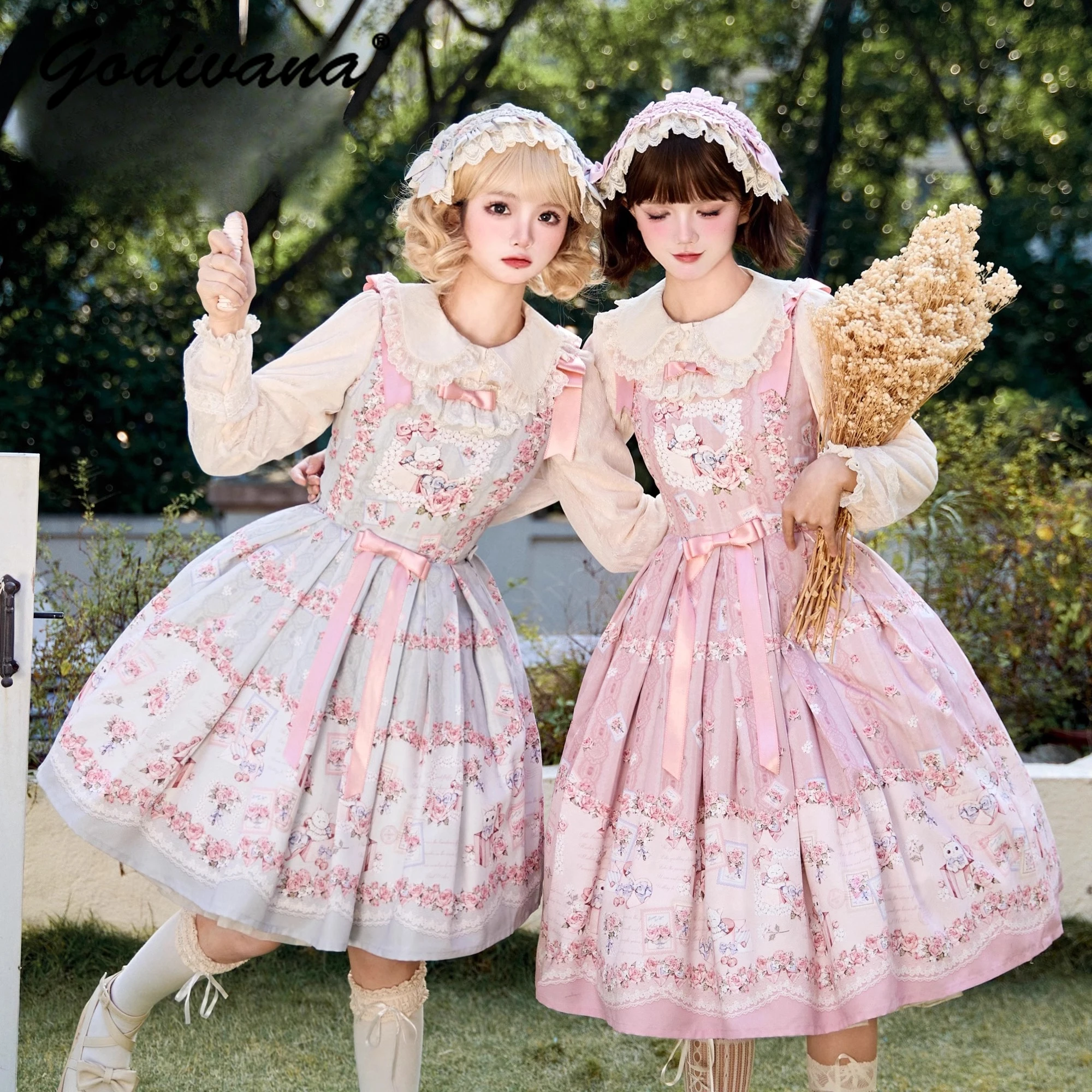 

Оригинальное новое весенне-летнее женское платье Jsk с принтом Kawaii для девочек, розовое атласное платье с бантом, тонкие платья в стиле Лолиты до колена на подтяжках