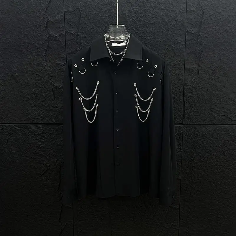 Men's Solid Color Long Sleeve Collar Button Front Shirt with Chain & Metal Buckle Decor Trendy Casual Top Men's ClothingYY19