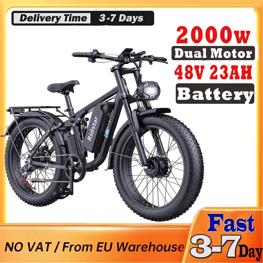 Ridstar E26 Pro Adult Electric Bike 1000W*2 Motor 48V 23Ah Electric Bicycle 49km/h Max Speed 75km Range Powerful Electric Bike