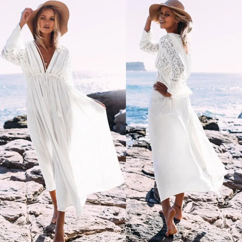 مثير بيكيني يغطي المنبثقة طويل أبيض أسود تونك فستان شاطئ الصيف عادية أنيقة المرأة ملابس الشاطئ لباس سباحة التستر