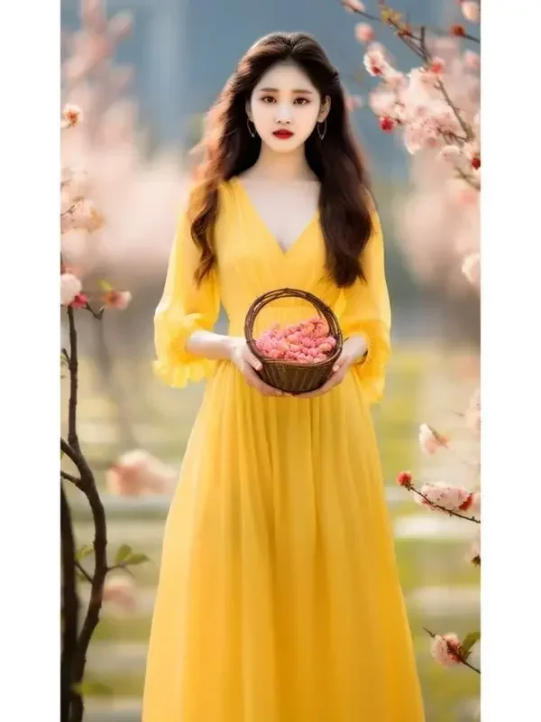 Gagarich Fashion Yellow Chiffon Dress Spring Women Clothing Exquisite Gentle Style Fairy Forest Bellflower French Vestidos