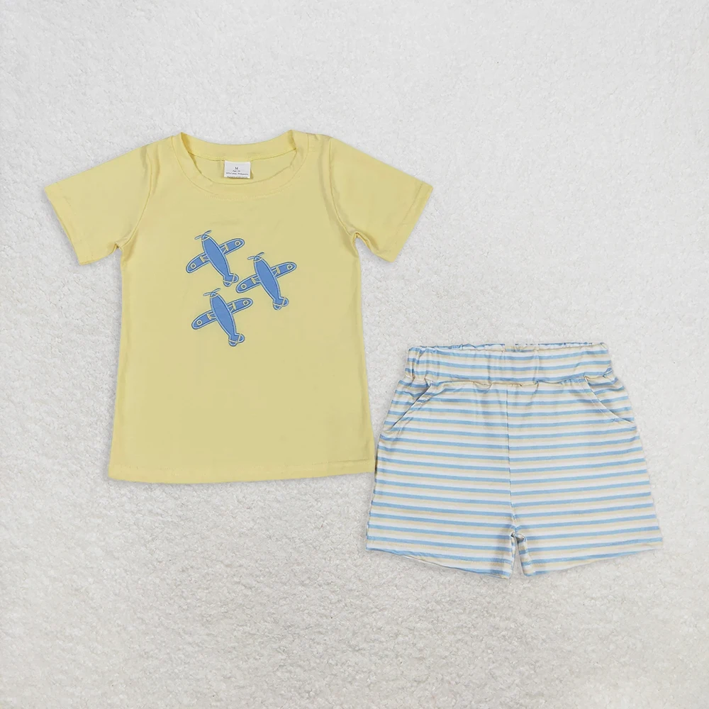 

Baby Boys Airplane Themed Short Sleeve Tee Shirt And Striped Shorts Set Yellow Top with Stripe Detail Kids Clothing Outfit