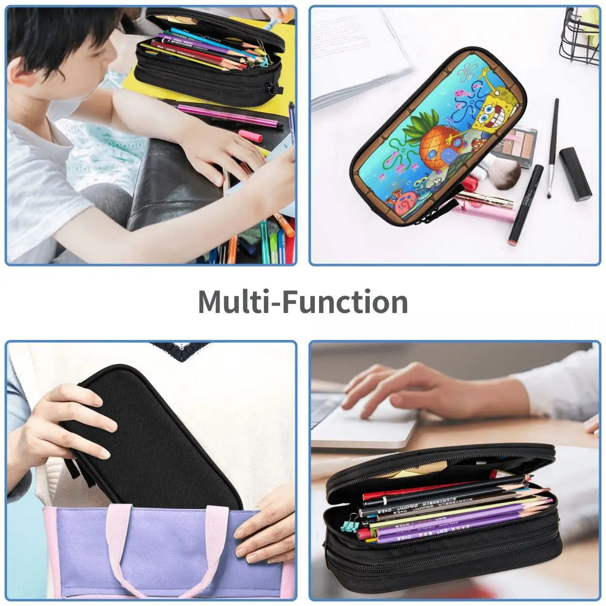 Große Kapazität Bleistift Beutel SpongeBob Cartoon Anime Büro Zubehör Doppel Schicht Pencilcase Mädchen Make-Up Tasche Erstaunliches Geschenk