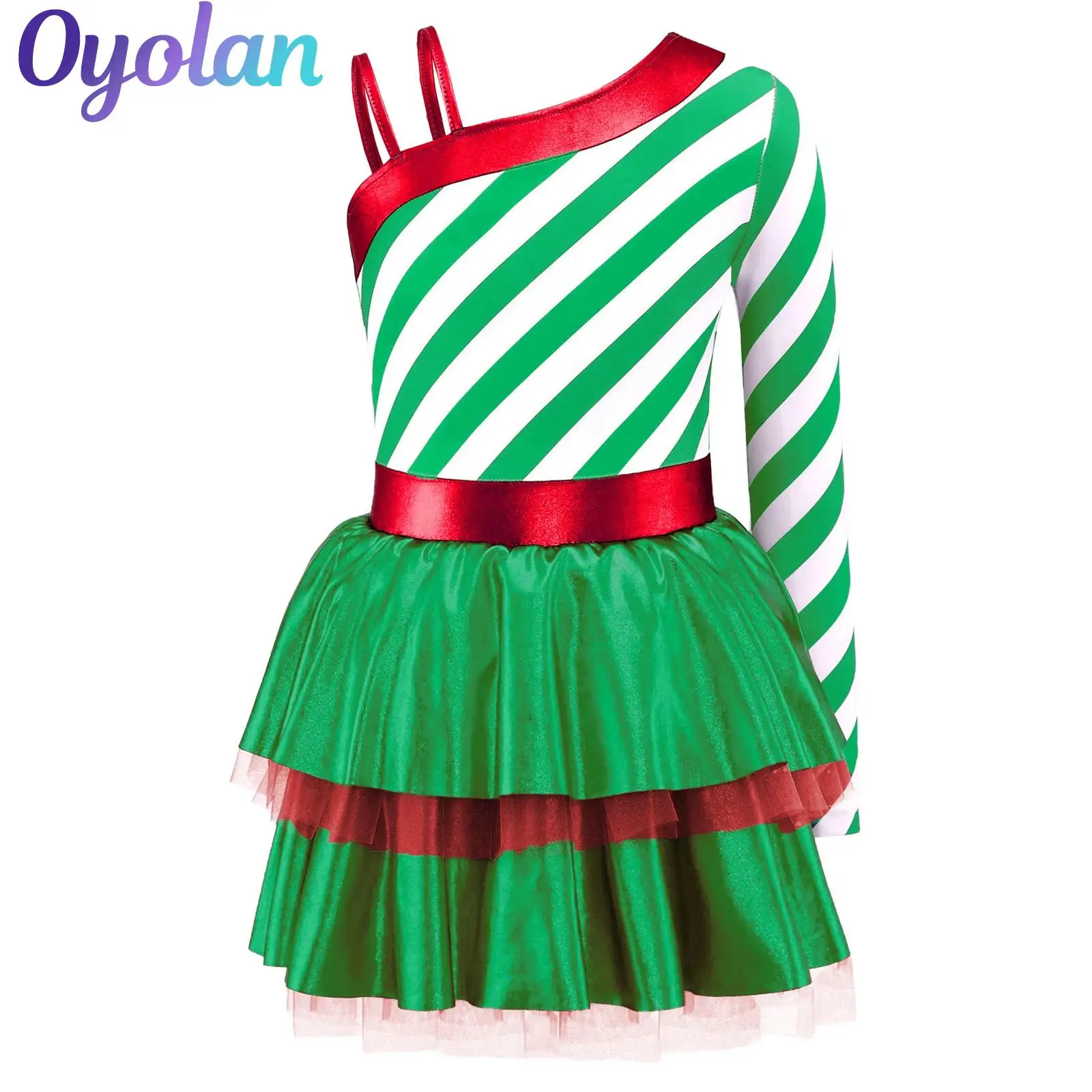 

Girls Christmas Xmas Gymnastic Figure Skating Leotard Candy Cane Elf Cosplay Costume Striped Layered Ruffled Ballet Tutu Dress
