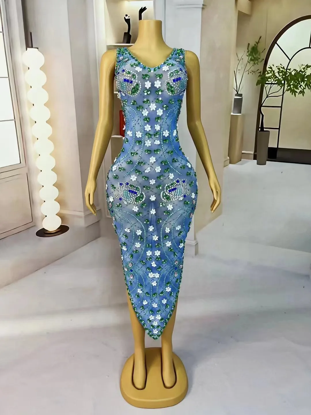 

Sexy Shiny Rhinestones Pearls Flowers long Dress for Women Mesh See Through Celebrate Evening Birthday Dress Photo Shoot Wear