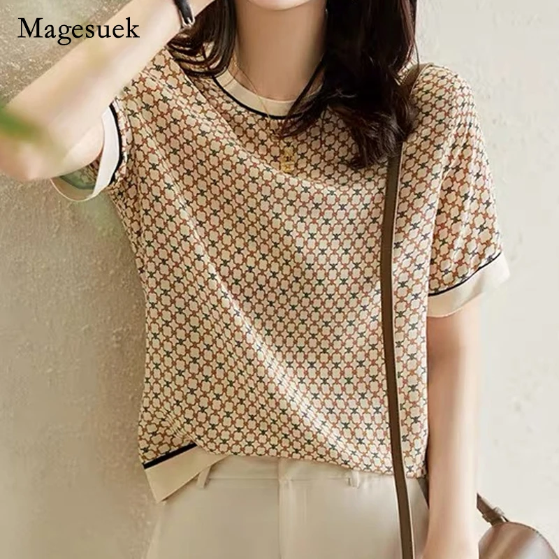 

Short Sleeve Women's Shirt Vintage Square Plaid Tops Printed Ice Silk Shirt New Summer Blouse Ribbed Elegant Women Blouses 18852