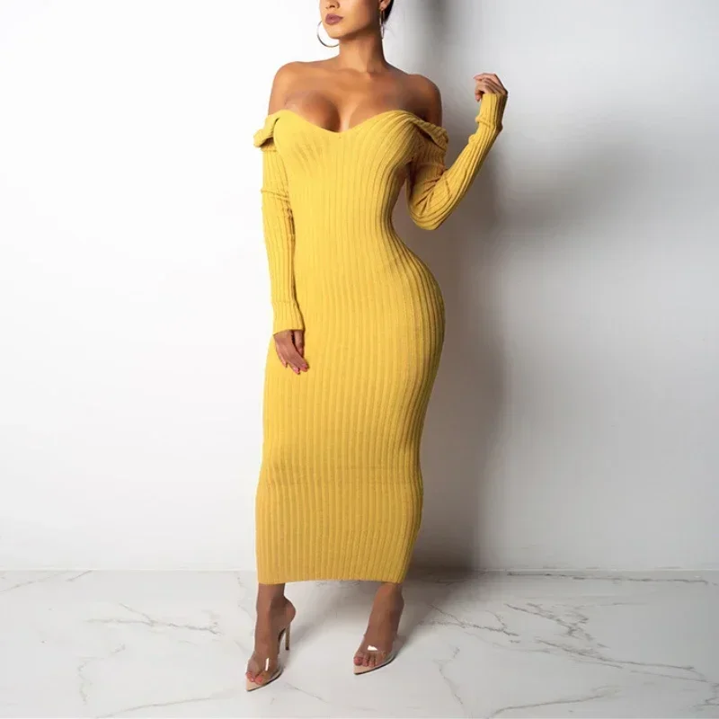 

Sexy Knitted Long Sleeved Backless V-neck Dress Fashion Women Winter Stripe Long Evening Dresses Solid Color Lady Vestido 30366