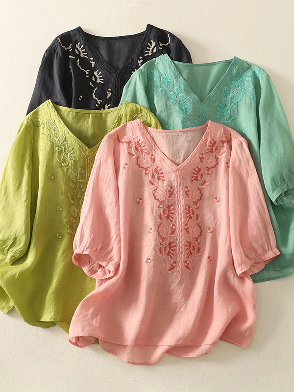 

Summer 2025 Loose Fit ort Sve V-Ne Embroidered Cotton Linen T-irt Artistic Pure Color Large Size Women's Top