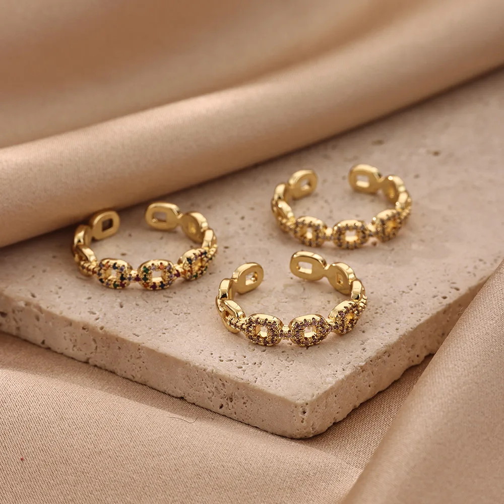 Mehrfarbige Zirkon-Kettenringe für Damen, vergoldeter Edelstahl, kubanische Kette, offener, verstellbarer Ring, Hip-Hop-Partyschmuck
