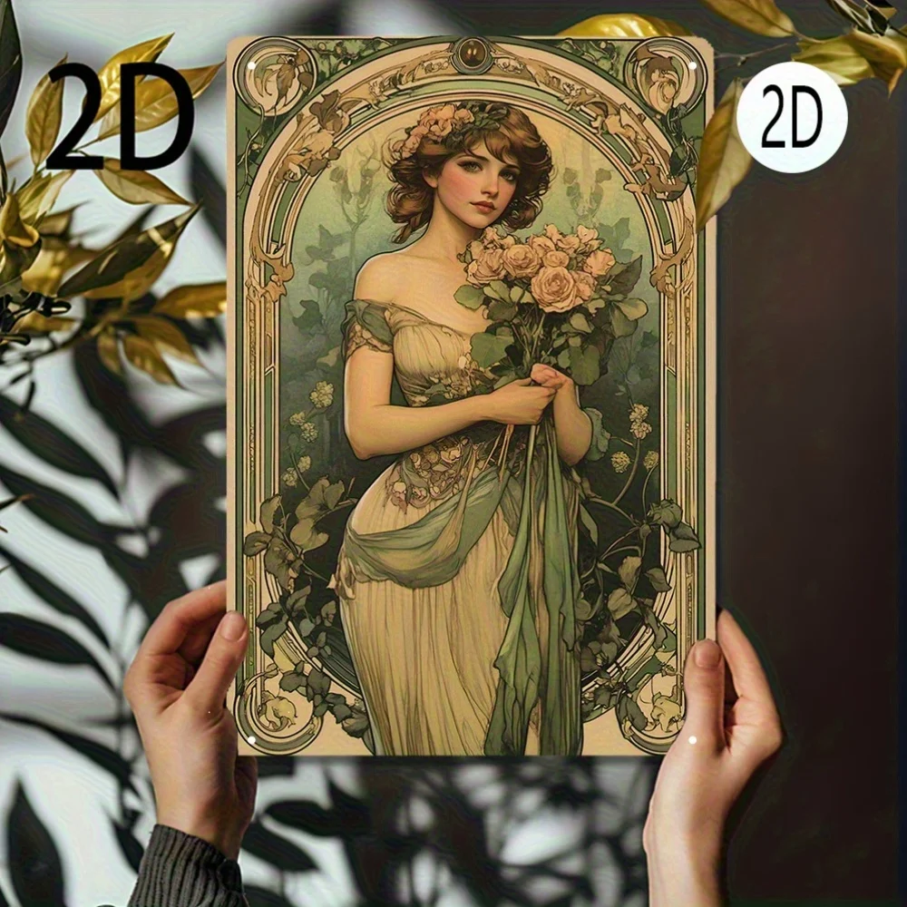 2D Flat - Vintage 2D Tin Wall Art Featuring an Elegant Woman Surrounded by Flowers, Inspired by Alphonse Mucha. Perfect for Deco